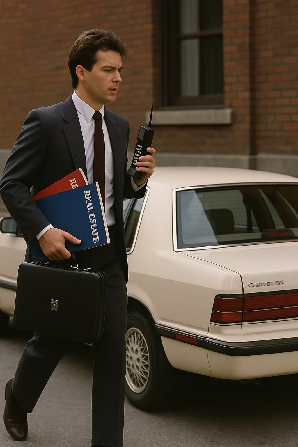 Real estate agent in 1989 with brick phone and paper catalogs